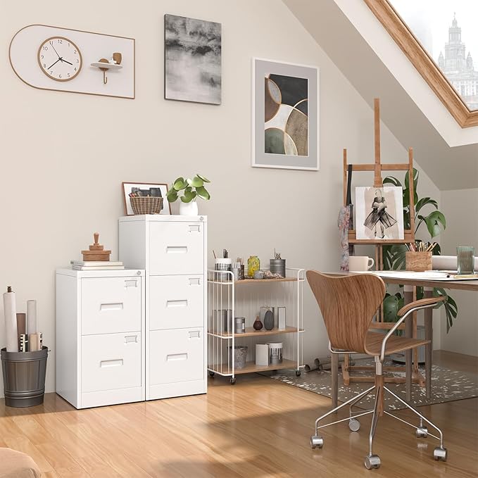 INTERGREAT 2 Drawer File Cabinet, White Metal Filing Cabinet with Lock, Lockable Vertical File Office Cabinet for Hanging Letters/Legal/A4, Assembly Required
