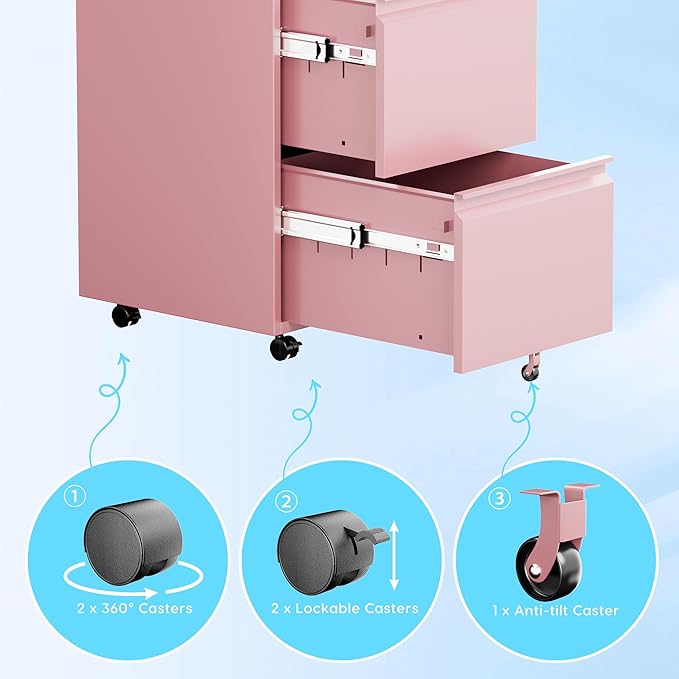 METAN 2 Drawer File Cabinet with Lock, Mobile Under Desk Filing Cabinet for Office Legal/Letter Size, Fully Assembled Except Wheels,Pink