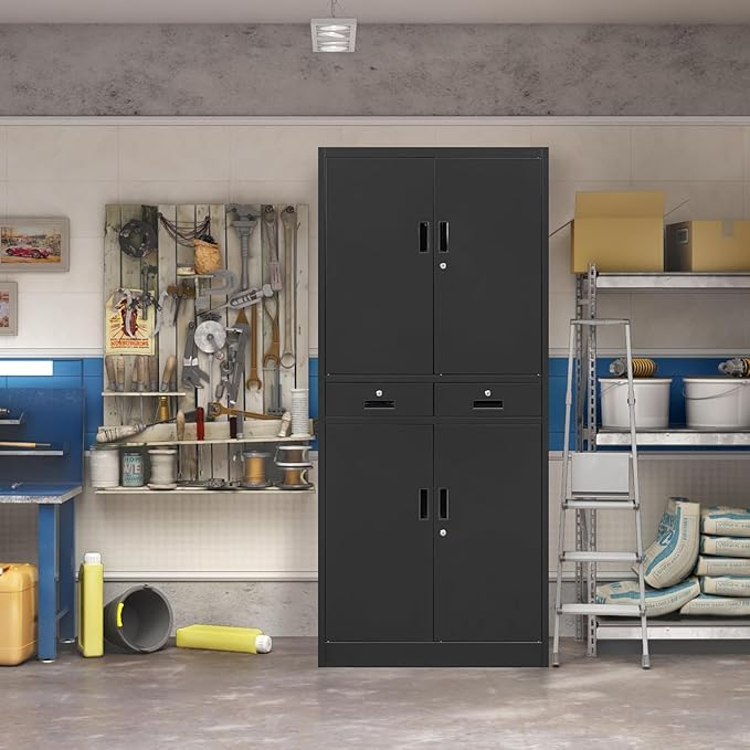 TaskStorz Metal Storage Cabinet, 71" Garage Storage Cabinet with 2 Locking Drawers and 2 Adjustable Shelves, Black Tool Cabinet, Lockable File Steel Cabinet for Home, Office, Gym, School