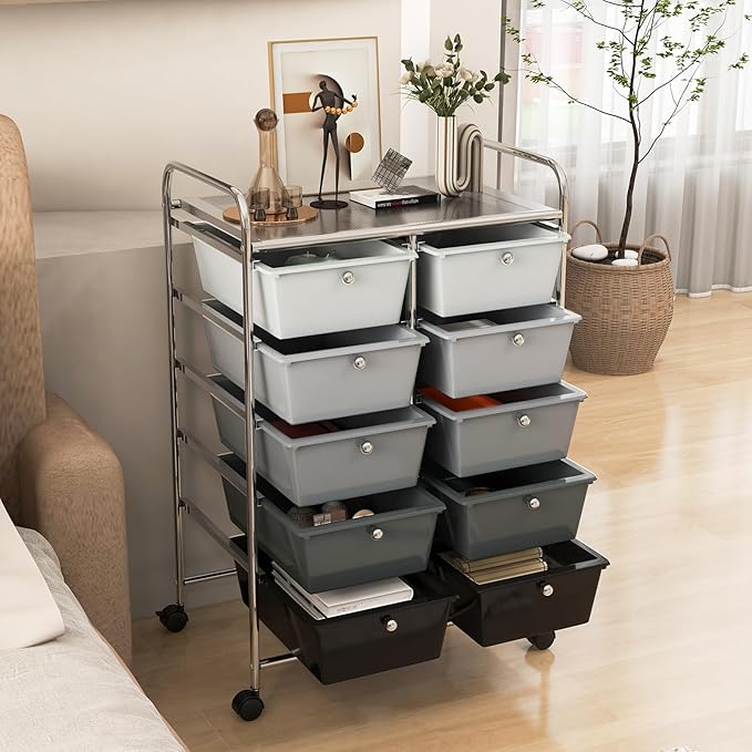 GLACER 10 Drawer Rolling Cart, Storage Cart with Lockable Whieels & Metal Frame, Trolley for Art Craft Oganizer, Mobile Utility Cart for Office, School, Classroom, Kitchen (Black Gradient)