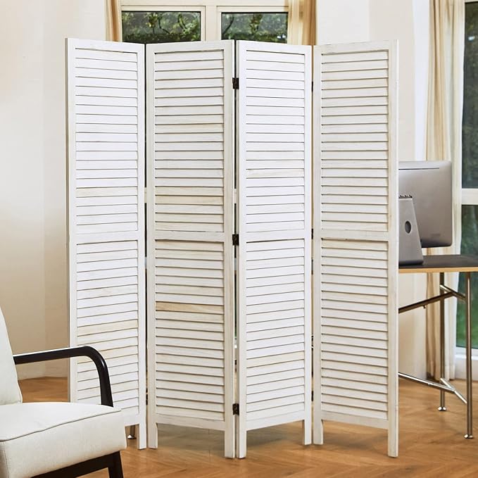 Room Dividers and Folding Privacy Screens, Wood Louvered Separators Divider Wall for Home Office Bedroom - 4 Panels, 67 * 60inch (White-Washed)