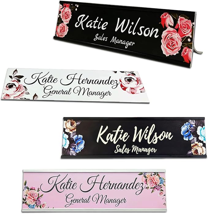2" x 8" Custom Name Plate for Desk, Office Aluminum Desk Name Plate Personalized with Pretty Roses Pattern-(5 Styles)