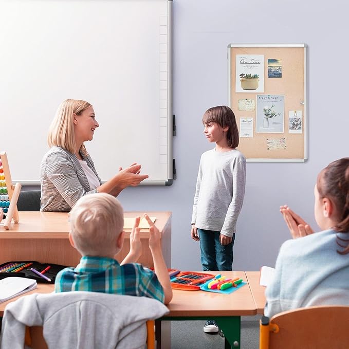 Geetery 36 x 48 Inch Enclosed Fabric Bulletin Board Tamperproof Lockable Noticeboard Fabric&Aluminium Frame Display Cases Wall-Mounted Display Case for School, Office - Secure,Durable Design(Beige)