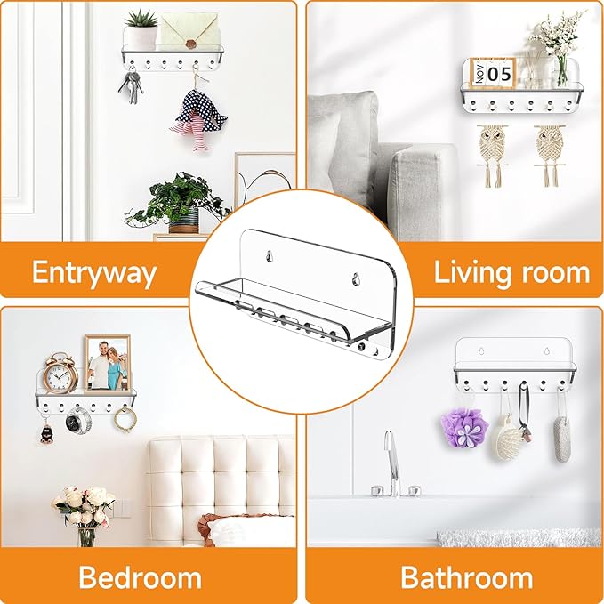 Beego Entryway Key Holder for Wall - Clear Acrylic Key Rack with Shelf Decorative Key Hanger Wall Mount Mail Organizer with 6 Key Hooks for Office Hallway Kitchen Living Room Home Décor