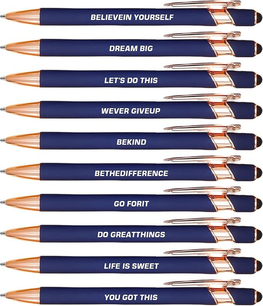 CRME 10pcs Funny Quotes Blue Ballpoint Pens Set 1mm Black Ink Pens for Writing Give Up Anxiety Motivate Oneself Unique and Unusual Gifts for Classmate,Brother,Friend Back-to-School Essentials