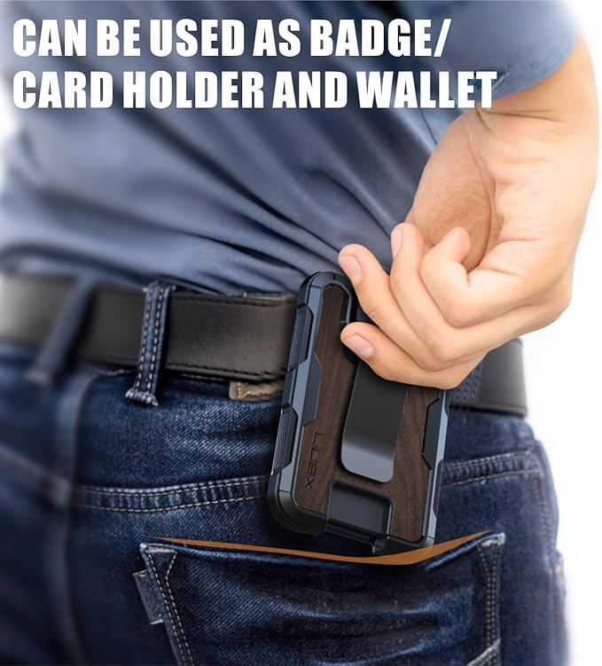 LIUGX Walnut Wood Card Holder/Badge Holder/Portable Wallet with Metal Clip -Rugged ID Credit Card Holder (Holds 1 to 4 Cards) for Office Police Worker Outdoor