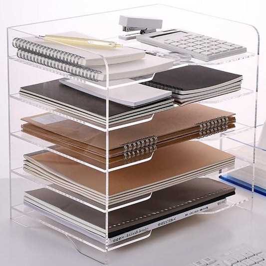 HeZone Acrylic Paper Letter Tray Organizer, 5 Tiers, Transparent, Modern, Rectangular, Stackable, Office