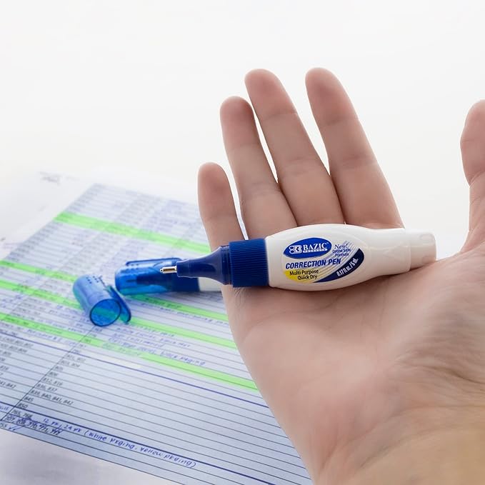 BAZIC Products Correction Pen – Corrections Fluid, Precise Metal Tip White Out, Ideal for School & Office Supplies, Alternative to Correction Solution, 2/Pack, 24-Packs