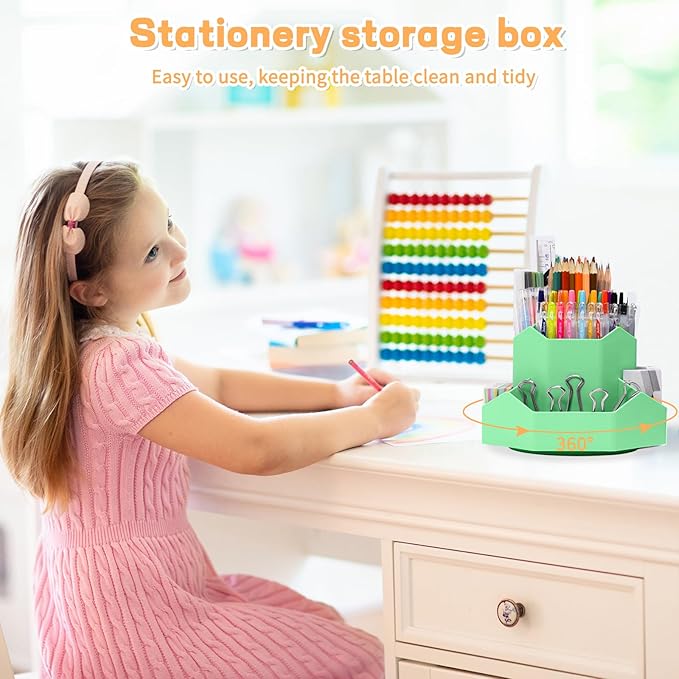 Pencil Pen Holder for Desk,9 Slots 360 Degree Rotating Desk Organizers,Desktop Storage Stationery Supplies Organizer, Cute Pencil Cup Pot For Office, School, Home(Green)