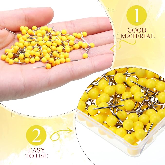 WILLBOND 500 Pack Map Push Pins Map Tacks Small Round Head Push Pins Thumb Tacks for Travel Picture Photo Bulletin Board Wall DIY Craft School Office Home(Yellow,1/6 Inch)