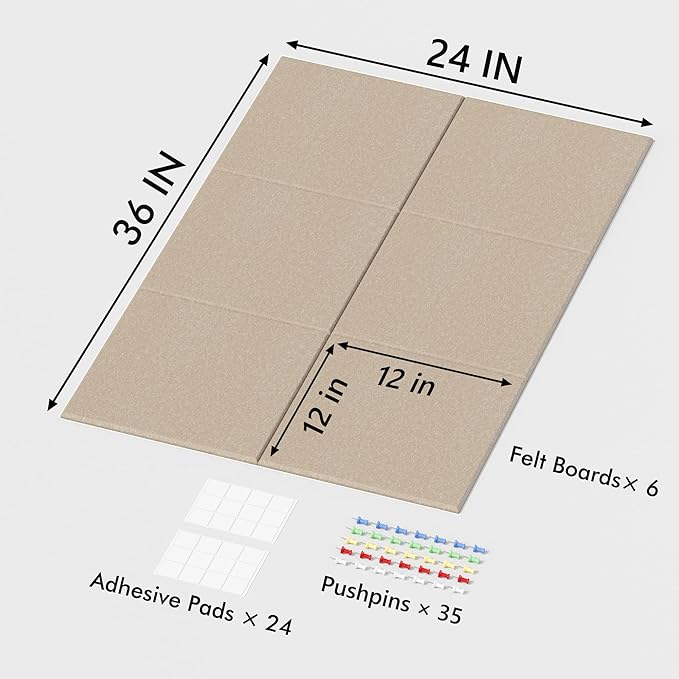 Neatsure Large Cork Board for Wall, 36" x 24" Bulletin Board with Pushpins, 6 Panels Felt Tiles Tack Push Pin Board for Office, Tan