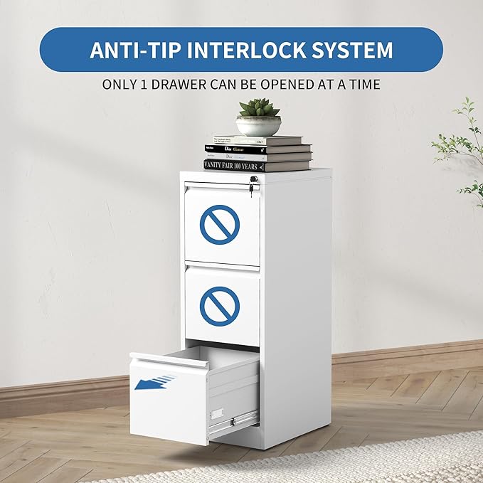 FLIXELIO 3 Drawer File Cabinet with Lock,Metal Vertical Filing Cabinets for Home Office,Heavy Duty File Storage Cabinet for Letter/Legal/A4/F4 Size File,Assembly Require (White, Vertical 3 Drawer)