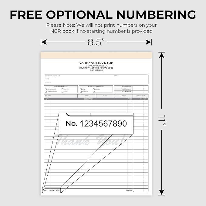 Custom 8.5" x 11" Carbonless NCR Books in 2-Part Duplicate Invoices, Receipts, Work Orders, Sales Orders, Purchase Orders, Estimates, Quote Forms with Your Company/Business Name (100 Sets)