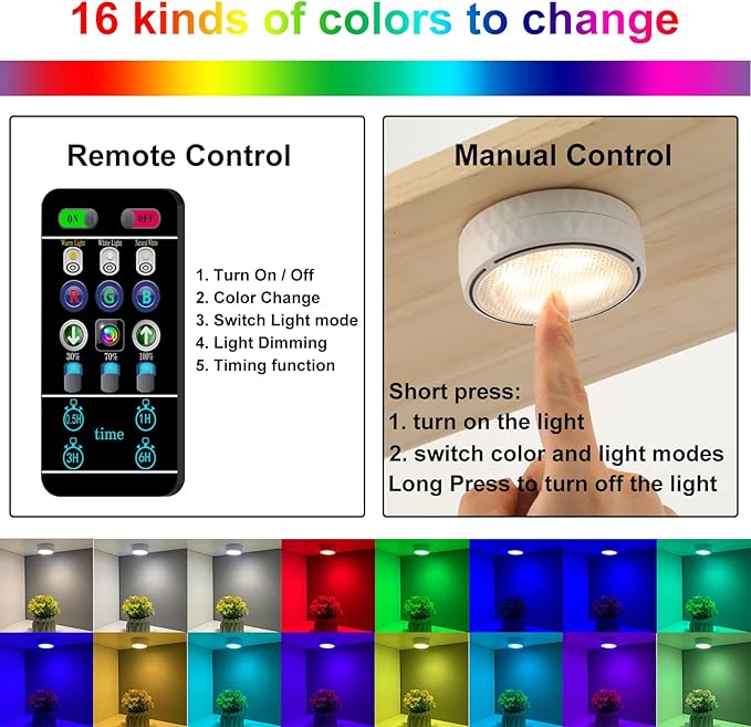 Onumii LED Puck Lights Battery Operated LED Under Cabinet Lighting Wireless Stick on Tap Lights with Remote Controll Color Changing Timer Function for Cabinets, Shelves, Closets - 6Pack White