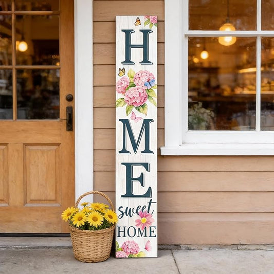 Home Sweet Home Welcome Sign for Front Porch, 47" Wood Framed Porch Sigh Spring Hydrangea Flower Decorations with Hanging Rope, Farmhouse Yard Signs Home Decor for Outdoor Patio Easter Gift