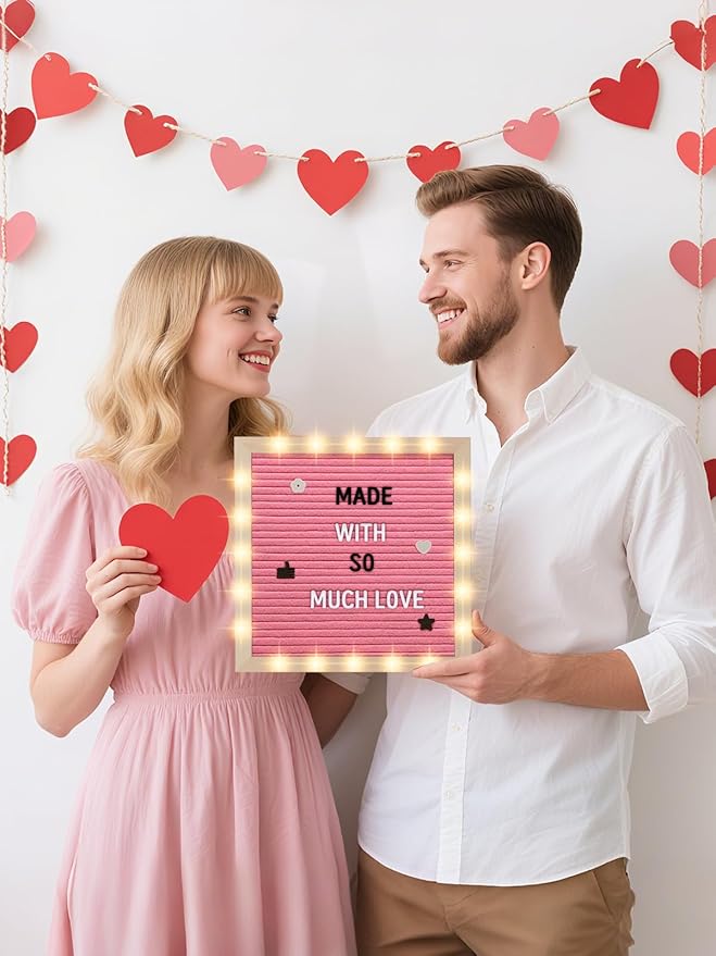 Changeable Felt Letter Board with LED Lights - 10×10" Message Custom Signs & Wood Stand & 450 Letters, Poster Board for Valentine's Day/Baby/Pregnancy Announcement/Classroom Wall Decor Gifts, Pink