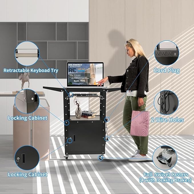 Upgraded AV Cart, Adjustable-Height Steel AV Cart with Locking Cabinet and Pullout Keyboard Tray, Rolling Media Cart with Wheels & Power for Computer Laptop Projector Printer (Black/43"x18"x43")