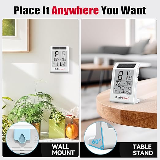 BaldrTherm Room Thermometer Indoor Humidity Meter, Solar-Powered 3.2'' Digital Temperature Sensor Monitor with Max/Min Reading, Comfort Indicator for Baby Room, Home, Office, White, 1Pack