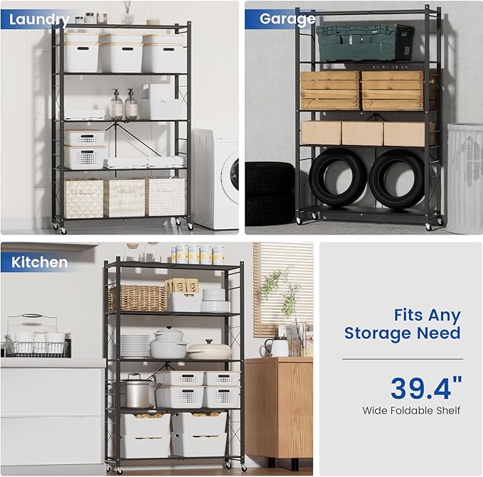 ALANNG 40" W Foldable 5-Tier Storage Shelves with Wheels, Adjustable & Removable Metal Rack, Heavy Duty Rolling Organizer for Kitchen, Garage, Closet, Pantry, and Office (Black,1 Pack)