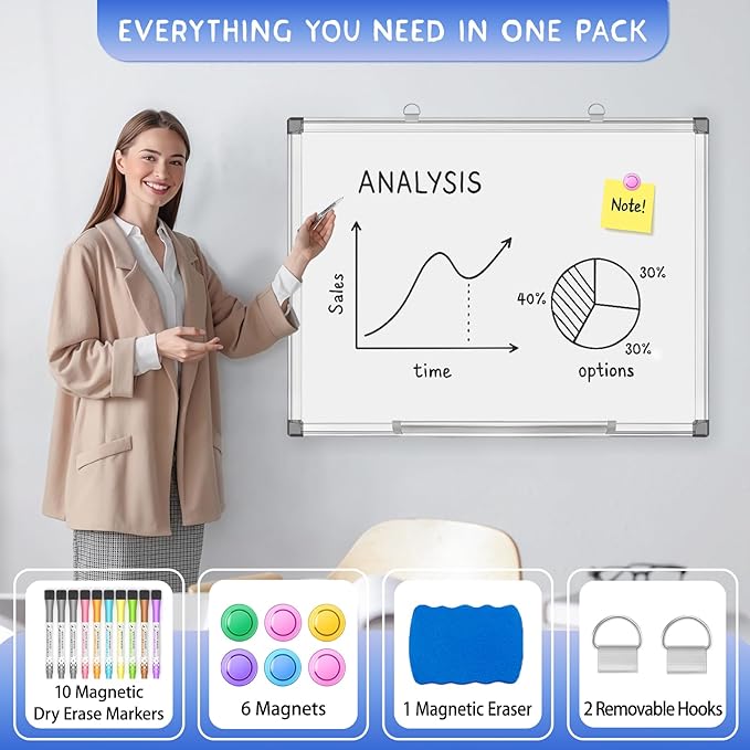 Grtard 18" x 12" White Board Dry Erase, Magnetic Dry Erase Boards, Hanging Magnetic Whiteboard with Marker and Strong Magnets, Dry Erase Board for Wall, White Boards Dry Erase for School, Office, Home