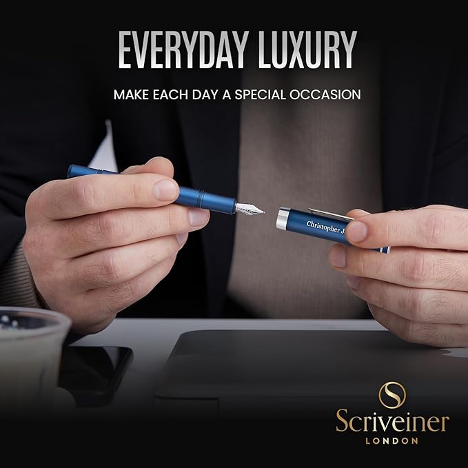 Scriveiner Personalized Luxury EDC Fountain Pen (Medium), Stunning Matt Blue Pocket Pen, Chrome Finish, Schmidt German Nib, Best Engraved Fountain Pen Gift Set for Men & Women, Name Engraving