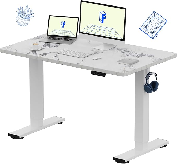 FLEXISPOT EN1 One-Piece Standing Desk with 1-Inch Thick Seamless Desktop, 48"x30" Electric Height Adjustable Desk for Home Office, Multi-Monitor Setups & Easy Assembly, Marble Gray