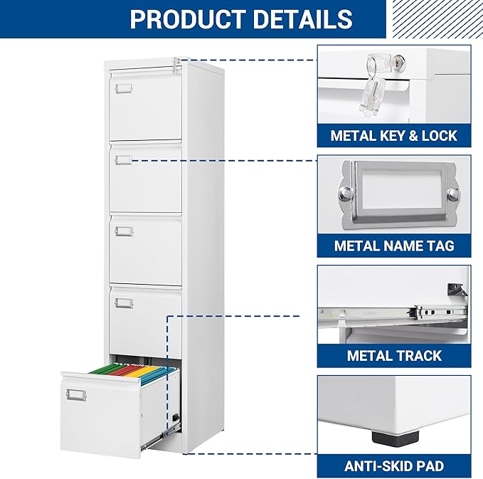 Fesbos File Cabinets - 5 Drawers Vertical 17.8" Deep Lockable Filing Cabinet - White Metal Storage Cabinets for Home Office to Hanging Files Letter/Legal/F4/A4 Size