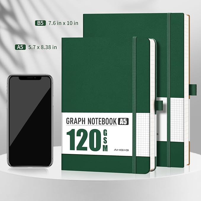 AHGXG Graph Paper Notebook - Grid Notebook Journal A5, 120 GSM Thick Graph Paper, 160 Pages, Leather Hardcover, for Graphing, Writing, Math, Engineering, 5.75'' × 8.38''- Green