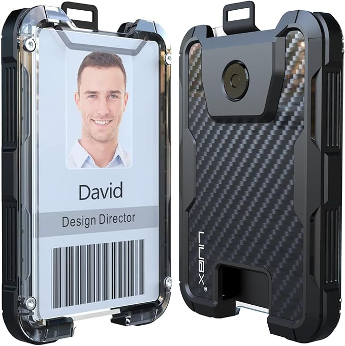 LIUGX Carbon Fiber Badge Holder with Heavy Duty Breakaway Lanyard, Durable ID Card Holder (Holds 6 Cards) with Quick Release Detachable Buckle, Metal Clip, American Flag