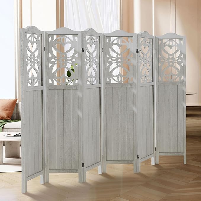 ALeesing 6 Panel Room Divider Fully Assembled, Carved Room Dividers and Folding Screens, 5.6Ft Wood Room Divider Screen Freestanding Partition Wall Dividers for Home Bedroom Office, Rustic White