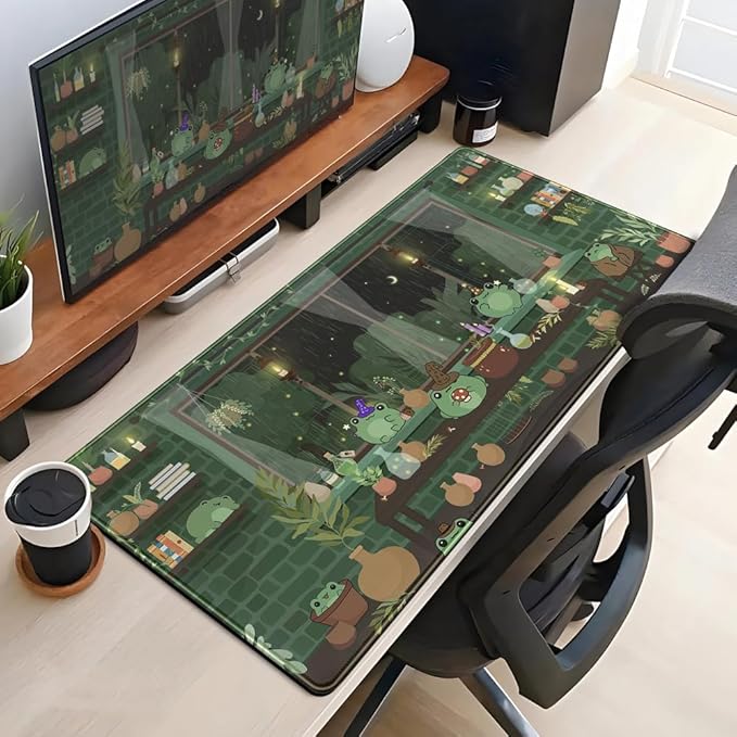 Mechanical Cattle Cute Desk Mat Kawaii Frog Mouse Pad Green Desk Anime Mat Large Gaming Mouse Pad Desk Computer Keyboard Pad Desk Home Office Accessories Girl Stitched Eges (31.5x15.7 in) WER236