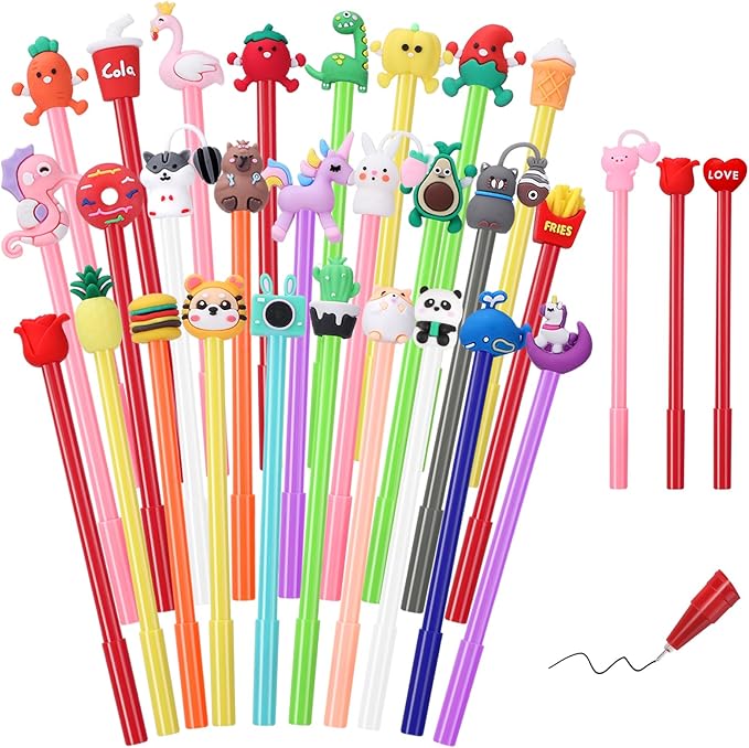 BESARME 30 PCS Cartoon Fun Pens for Adults, Cute Pens Bulk Gel Pen Prizes Classroom Rewards School Office Home Birthday Valentine's Day Classroom Gift Exchange Party Favors Goodie Bag Stuffers
