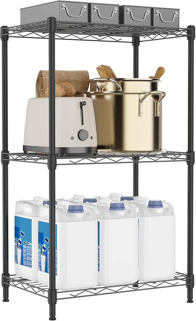 M MZG 3 Tiers Shelf Metal Storage Shelves Wire Rack Closet Organizers with Wheel for Garage Kitchen Bathroom Laundry Black 11.8" D x 17.7" W x 28.8" H