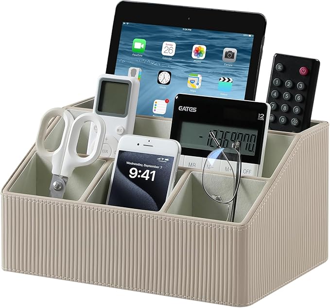 Cretkhp Remote Control Holder with 5 Compartments for Office Art Supplies, PU Leather Nightstand Organizer Pencil Pen Desk Caddy for Home, Desktop TV Remote Control Organizer Storage (Striped Beige)