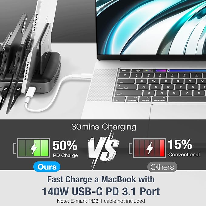 AceProAV 160W 6-Port USB-C and USB-A Charging Station Organizer with 140W PD 3.1 – Includes Cables – for MacBook, iPhone, iPad, AirPods, Smartphones, Tablets, and Gaming Devices