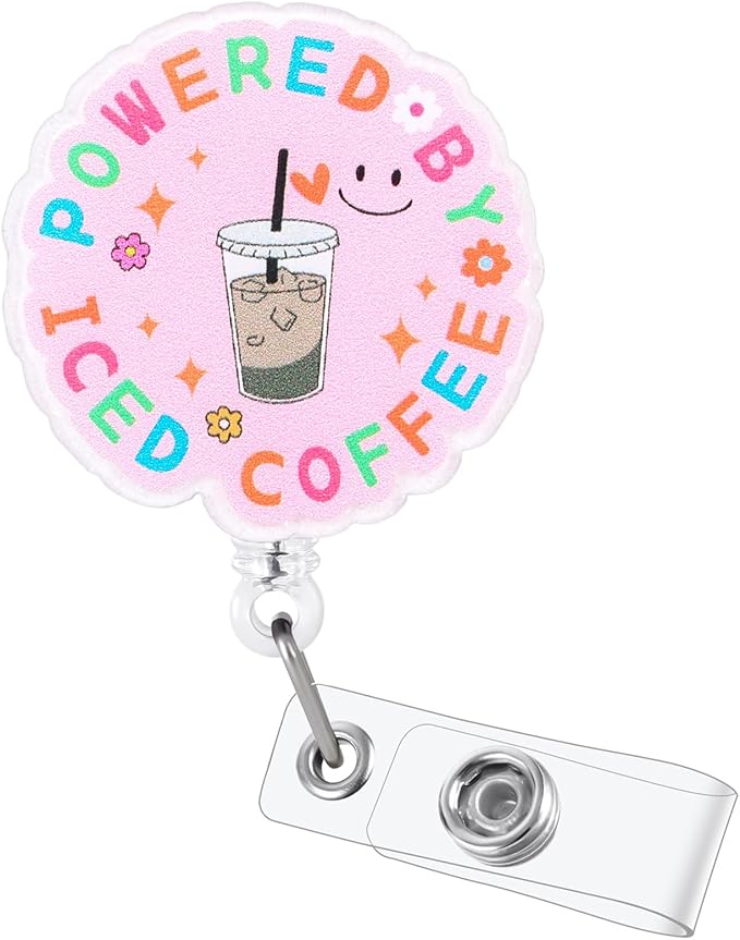 Powered by Iced Coffee Funny Pink Nurse Badge Reel, Cute Retractable ID Card Badge Holder, Name Tag Badge Buddy for RN CNA LPN MA Night Shift Nurse Nursing Student Doctor Social Worker Coffee Lovers