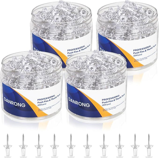 DANRONG 800 PCS Clear Push Pins, Standard Thumb Tacks for Bulletin Board, Steel Point and Clear Plastic Head, Pin Tacks for Wall Cork Board Maps Photos Calendar Hangings, Office School Supplies