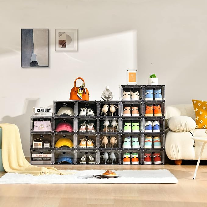 Amllas 10 Pack Shoe Boxes Stackable,Upgraded Sturdy Storage Boxes with Clear Magnetic Door,Multifunctional Sneaker Organizer Fit up to US Size 12 (13.8”x 9.84”x 7.1”)