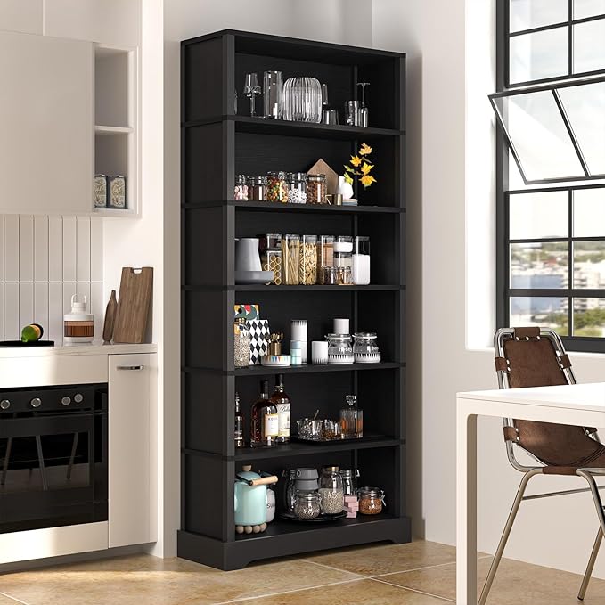 TVU 6-Tier Wooden Bookshelf, 77.2" Tall Farmhouse Style Open Bookcase, 31.5" W Standing Book Shelf with Storage, Suitable for Study, Living Room, Office, Blcak