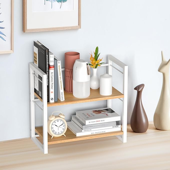 ART-GIFTREE Office Desk Shelf Organizer, Wood Desktop Bookshelf Supplies Storage Rack, Shelf for Top of Desk and Dresser (White-2 Tier)