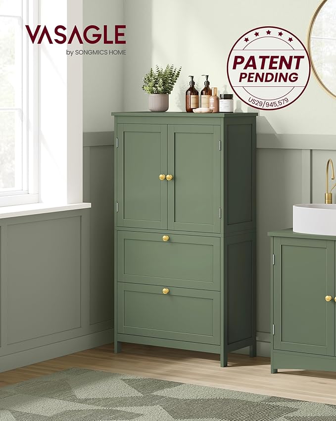 VASAGLE Floor Storage Cabinet, Freestanding Storage Unit with 2 Drawers and 2 Doors, Adjustable Shelf, 11.8 x 23.6 x 43.3 Inches, for Entryway, Bathroom, Forest Green UBBC551C01