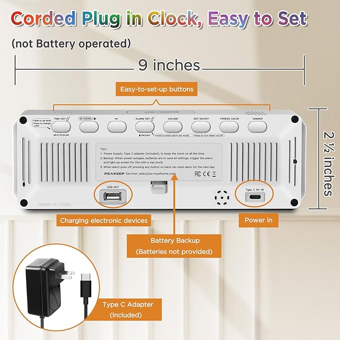 Peakeep Large Display Digital Alarm Clock for Bedrooms, Date Day of Week Desk Table Clocks for Living Room Office, Dimmable Plug in Electric Clock, 5 Volumes, Loud, Auto DST