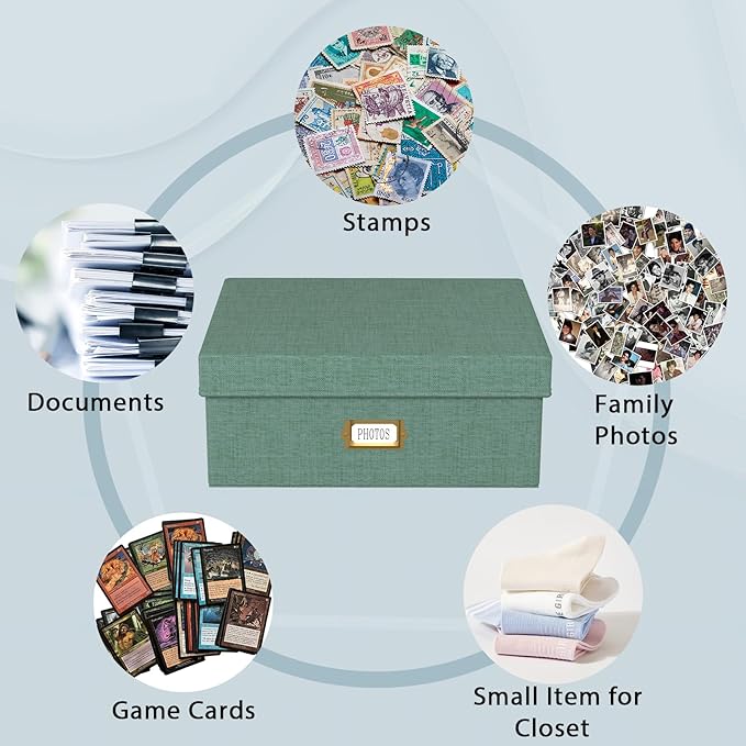 Decorative Photo Storage Box - Linen Photo Box Organizer with Dividers, Fits Holds Up to 1700 Pictures and 4x6 Photos, Memory Keepsake Organizer for Photos, Scrapbook Supplies, Cards, Stamps (Green)