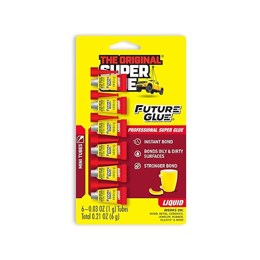 Super Glue Future Glue Liquid 6 Mini Single Use Tubes, Clear, Instant Bonding, Fast Dry, Professional Cyanoacrylate Adhesive, Great for Wood, Metal, Plastic, Crafts, Ceramic, and Toy Repairs
