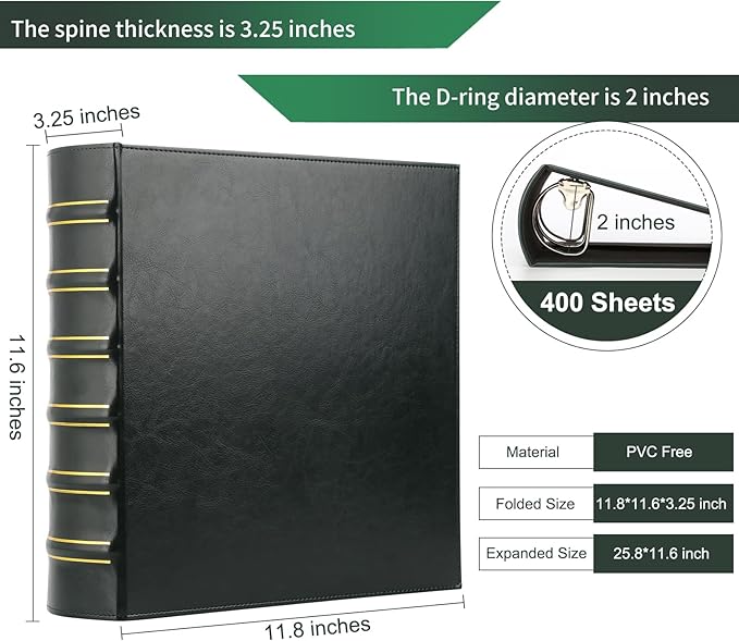 LETVPVOW Vintage Hardback 3 Ring Binder 2 Inch, Professional Leather Binders 2 Inch D Ring, Holds 400 Sheets Capacity 2 Pack - Dark Green