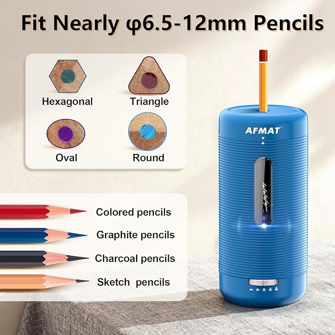 AFMAT Electric Pencil Sharpener, Fully Automatic Pencil Sharpener, Auto in & Out, Rechargeable Hands-Free Sharpeners for Jumbo & Colored Pencils (6.5-12mm), Portable for Home/Classroom/Office PSC2