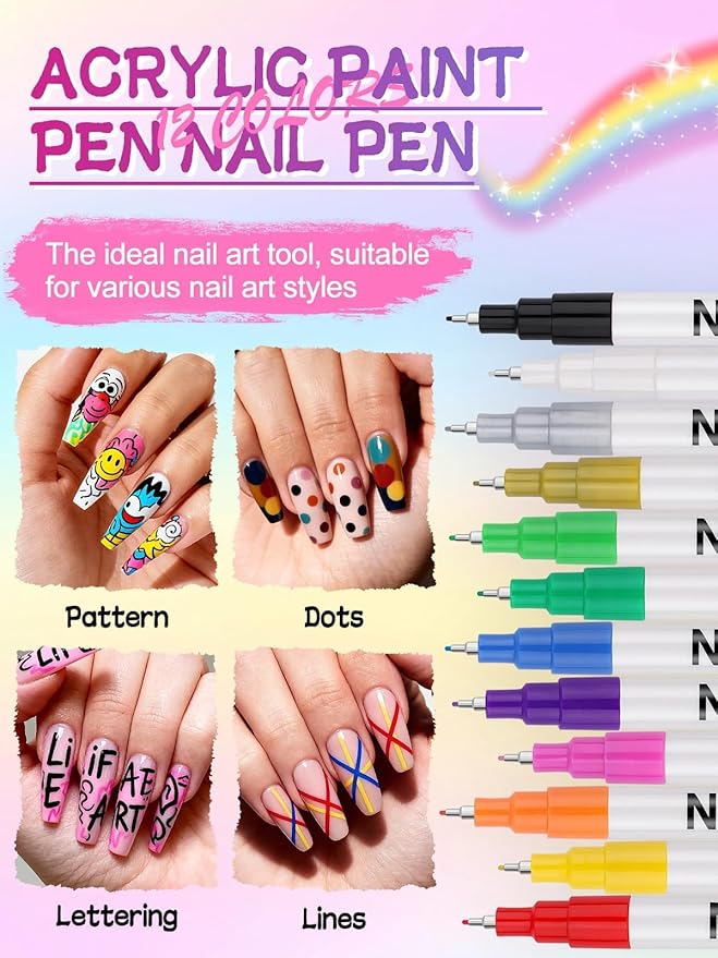 EBANKU 12 Color Nail Art Pens Set, 0.5 MM 3D Nail Polish Pens Acrylic Paint Pens Nail Markers for Nail Art Drawing Painting Nail Point Dotting Pen Nail Design Kit Home Nail Salon DIY