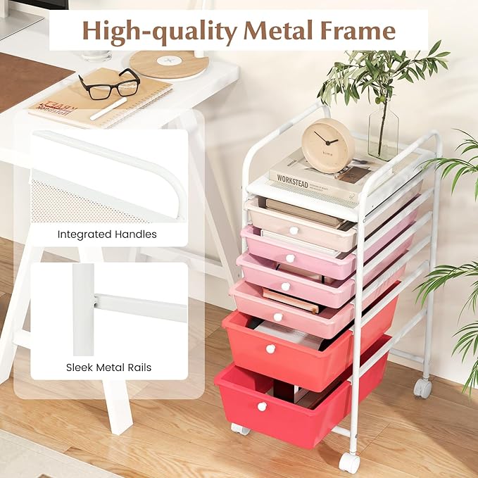 RELAX4LIFE 6-Drawer Rolling Storage Cart - Classroom Organization on Wheels w/Removable Plastic Drawers, Mobile Art Craft Cart for School Paper Home Office, Utility Cart with Drawers (Gradient Pink)