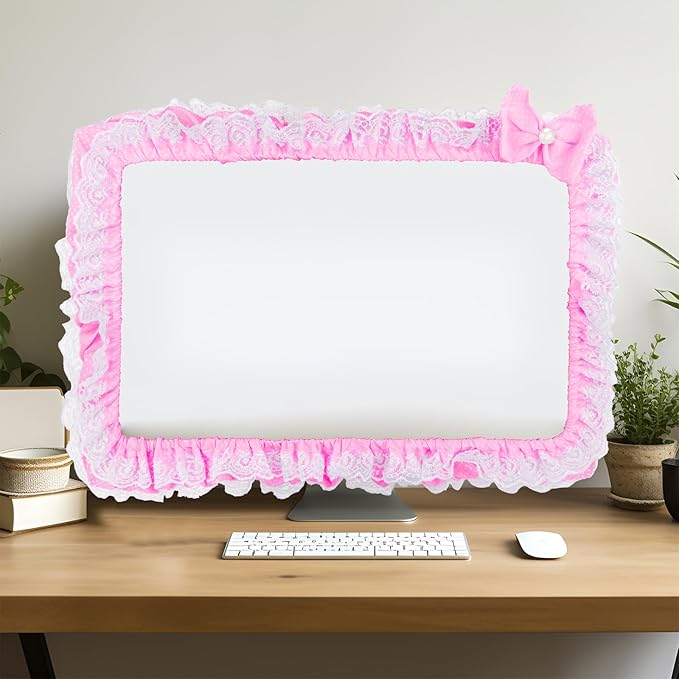Kingshion 23"-27" Lovely Cute Computer Monitor Cover with Lovely Cute Elastic Pen Pocket Bow-knot TV LCD Screen Monitor Decoration Dust Cover Protector, Lace Fabric, Pink
