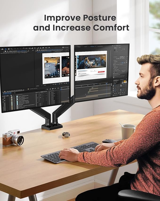 ErGear Dual Monitor Stand up to 33 inches Screen, Load-Bearing Max 22 lbs Each Arm, Adjustable Dual Monitor Mount, Sturdy Steel vesa Monitor Mount with Stable VESA 75x75 100x100mm